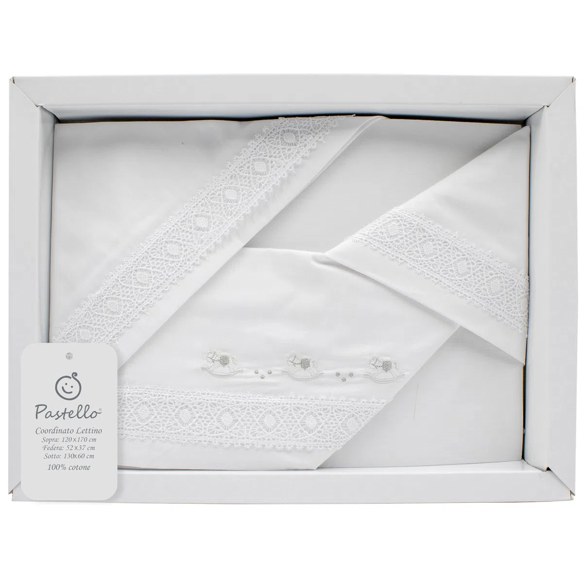 PASTELLO - Juego de cama para cuna de 3 piezas, 100% algodón para bebés, juego completo de sábanas con bordado (Art. LL31E, PERLA)