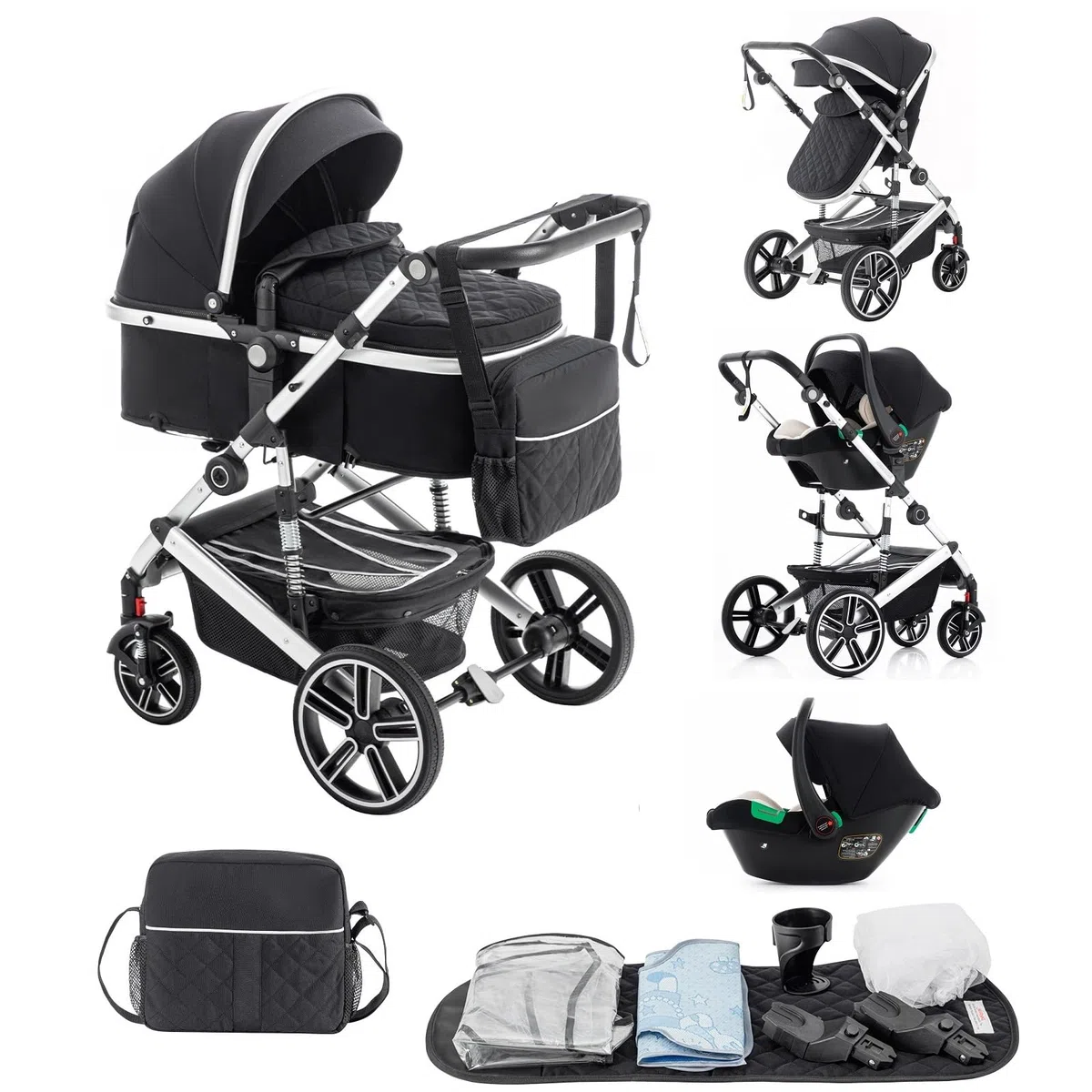 Cochecito Bebe 3 Piezas,el Chasis Delsilla de Paseo Ligera es de Aluminio, con clips para cestas de dormir,Silla de Paseo Reversible, Cubierta Para la Lluvia,Mosquitera, 0-48 Meses,22kg,Negro