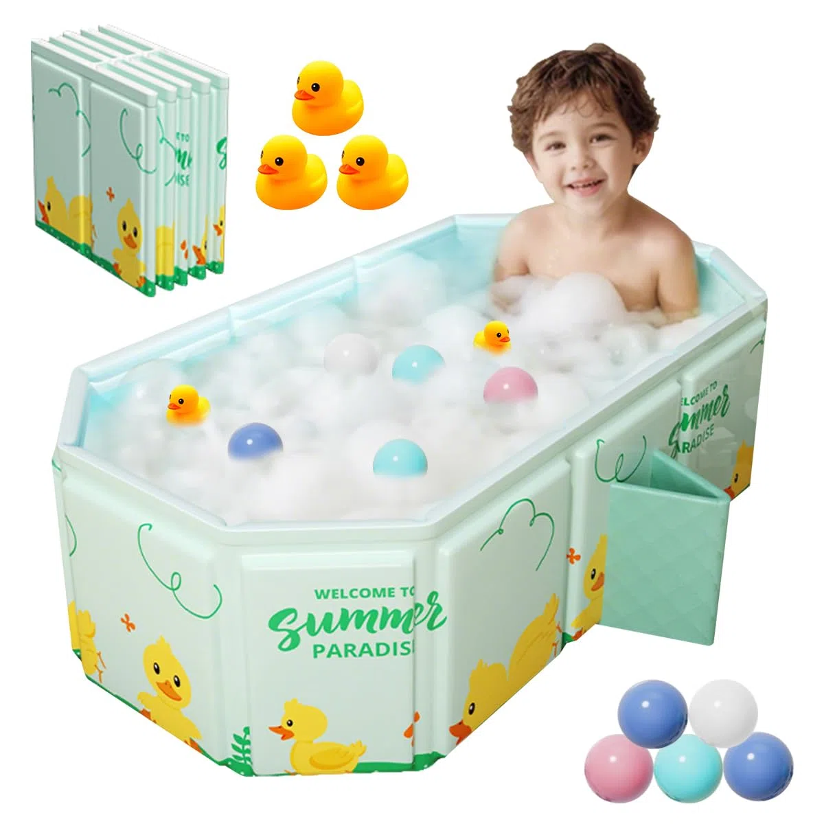 Bañera plegable para Niños, Bañera Grande para Niños Pequeños,Bañera Portátil con Juguetes para Niños,Trae 5 pelotas oceánicas y 2 patitos de goma gigantes (Azul)