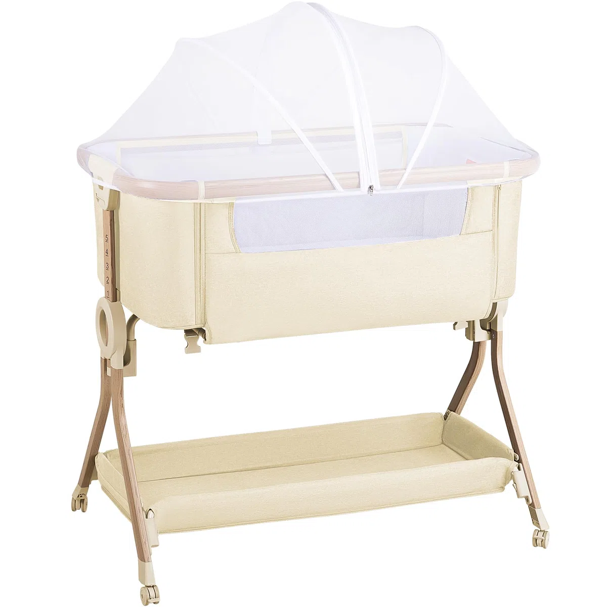 Larex Cuna Colecho para Bebé bassinet para recién nacido y bebé con mosquitera, bolsa y cesta de almacenamiento, 5 alturas ajustables,4 Ruedas con Freno, colchón transpirable y paredes de malla(Caqui)