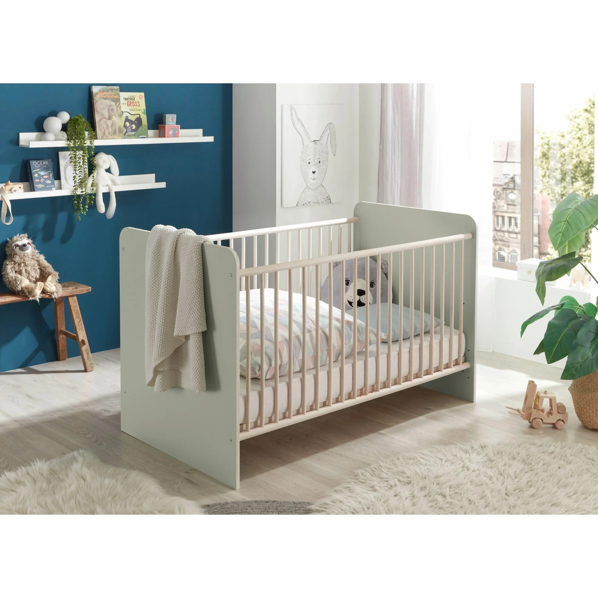Stella Trading Prizzi Completo Color Verde Pastel/Aurum, Juego de Muebles para habitación de bebé de 3 Piezas Compuesto por Armario, Cuna y Cambiador, Madera, Komplett-Set