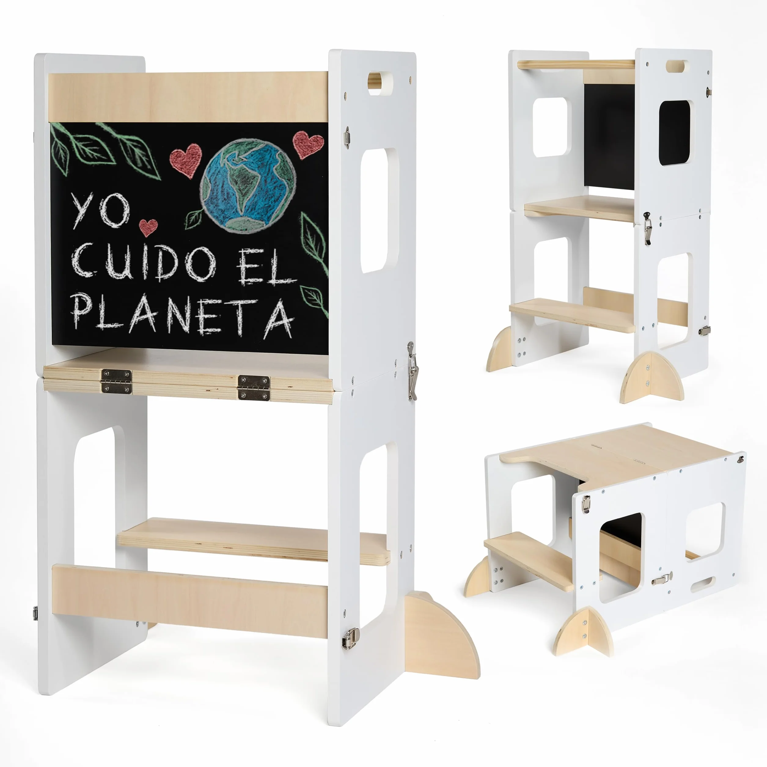 Torre de Aprendizaje Plegable Montessori Premium 3 en 1 Convertible en Escritorio con Pizarra