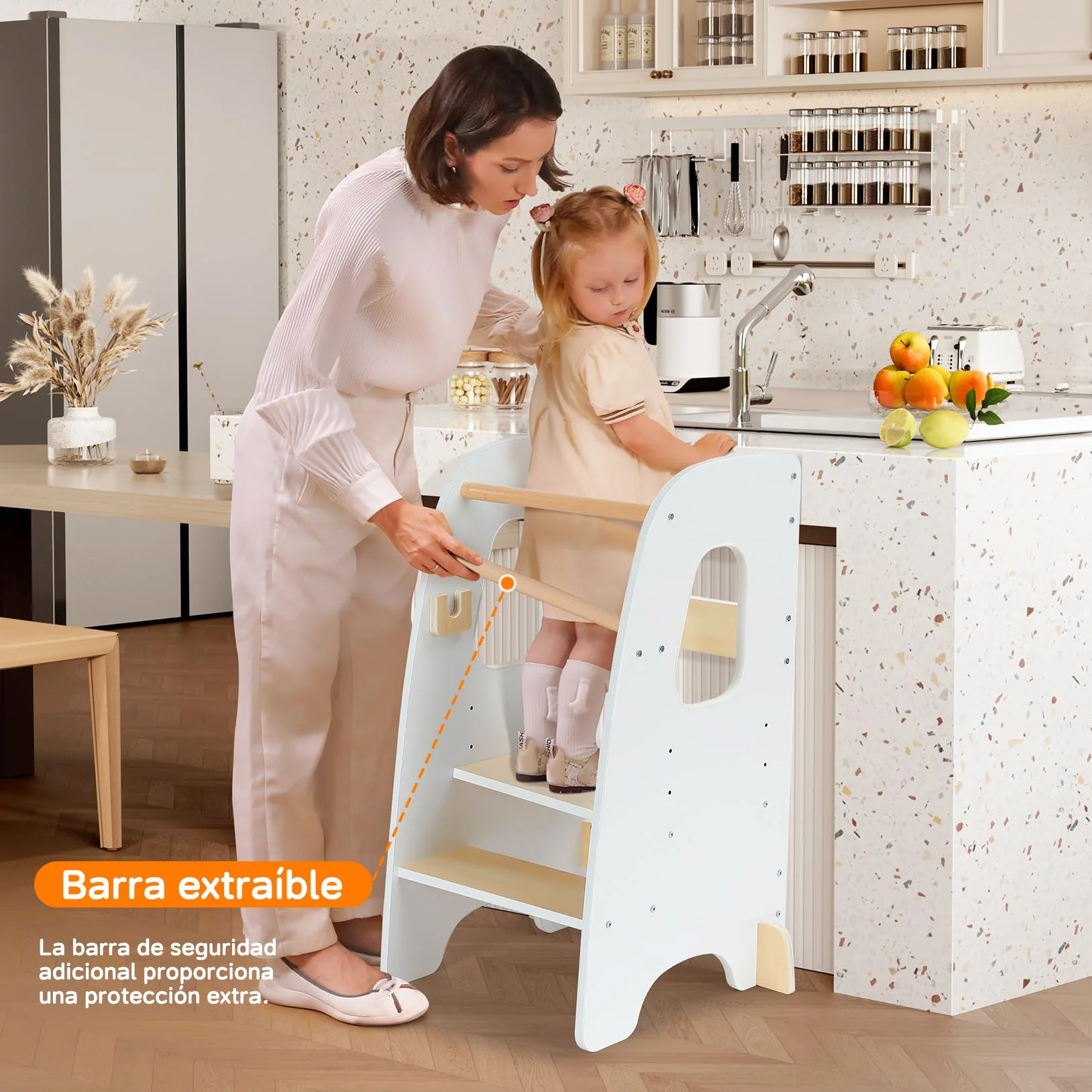 Ezebaby Torre de Aprendizaje Montessori Madera Altura Ajustable con Barandilla de Seguridad para Niños 1-6 Años Blanco