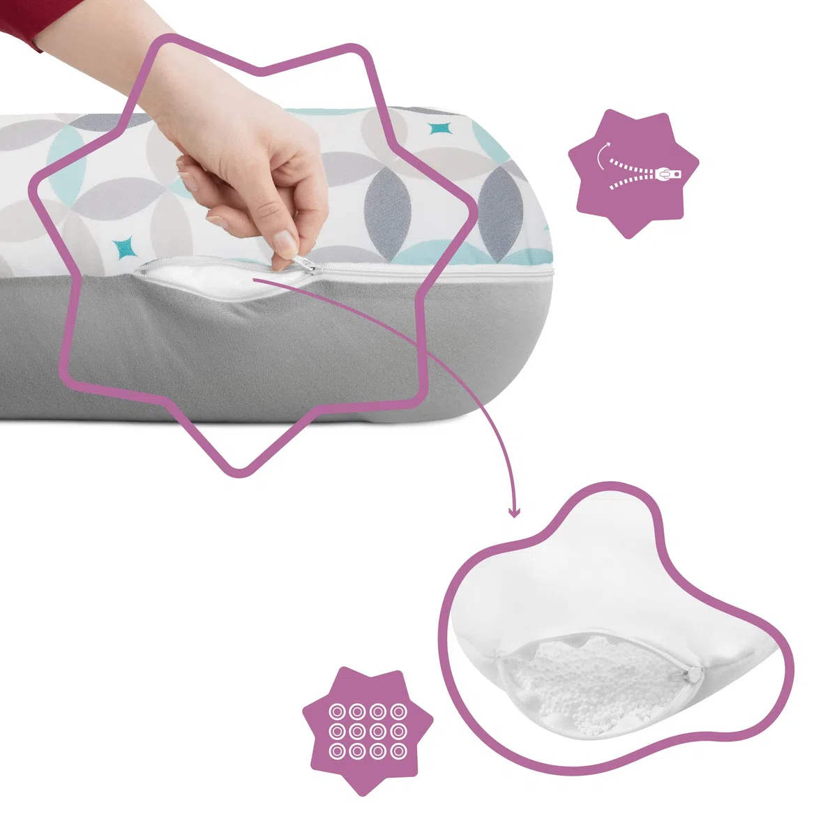 Badabulle Cojínde Maternidad Evolutivo, 2 en 1, Almohada de Lactancia, Relleno de Microesferas, estampado