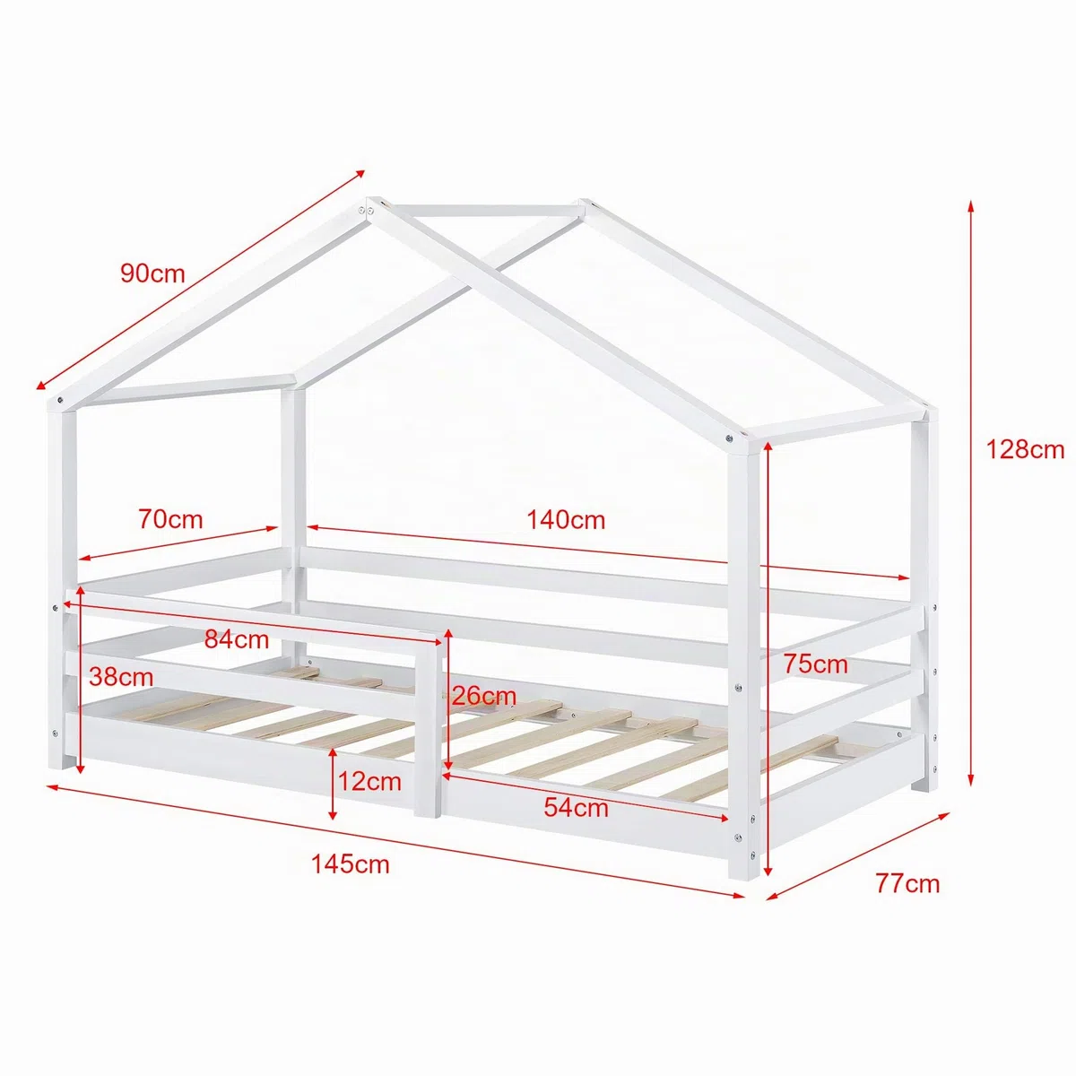 [en.casa] Cama para Niños Knätten Decorativa Cama Infantil con Somier y Reja de Seguridad Estructura en Forma de Casa Estilo Montessori Madera de Pino 70 x 140 cm - Blanco Lacado