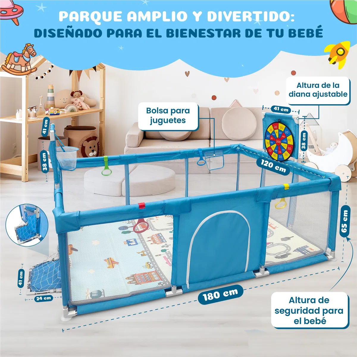 BabyJoy Parque Infantil Bebe 120x180cm - Corralito Bebe Acolchado y Equipado con Diana de Velcro, Canasta, Portería y más accesorios. Parque para Bebes Seguro, Amplio y Divertido