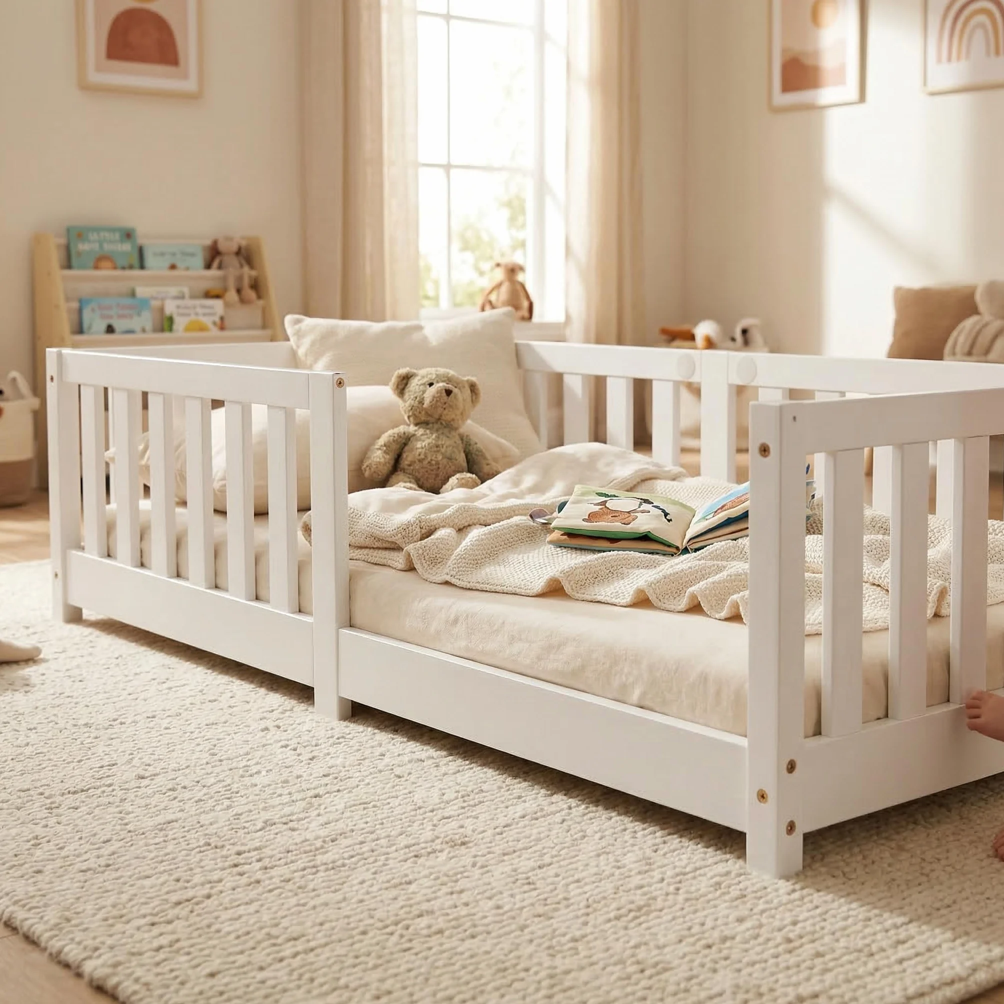 ecomi® Cama para niños 90x200 con protección contra caídas y somier, madera maciza de pino blanco