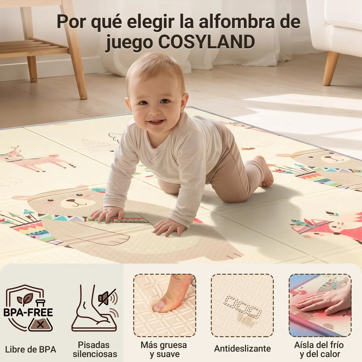 COSYLAND Alfombra Bebé Acolchada Plegable XPE Reversible, Tapete de Juegos Infantil Antideslizante e Impermeable para Suelo, Colchoneta Bebé, Oso Gordito y Ciudad de Coches, 120 x 180 x 1 cm