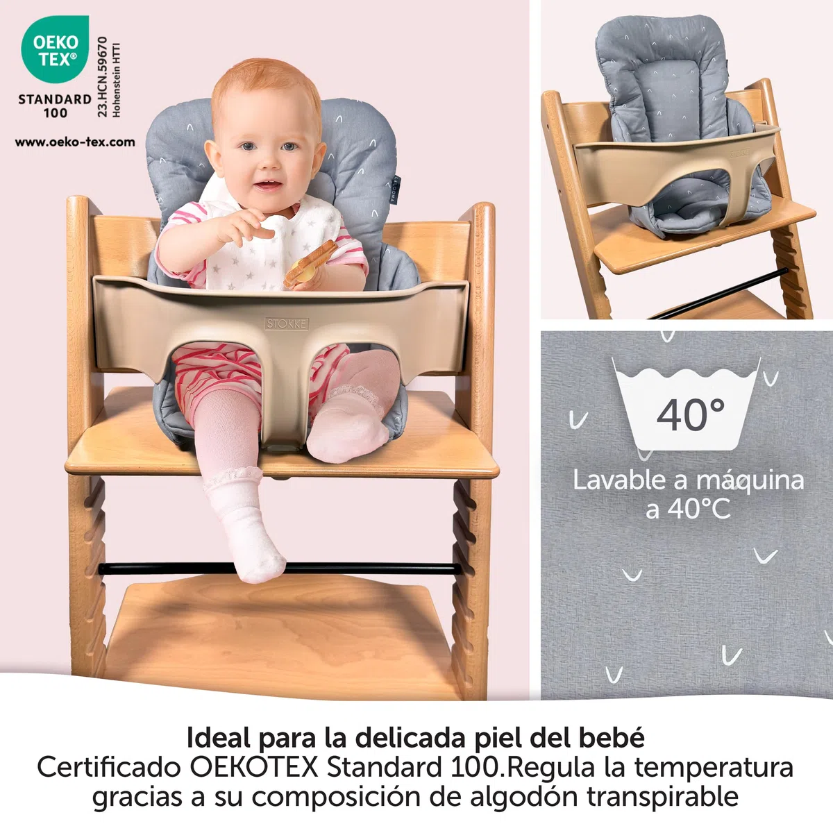 LaLoona Reductor para Trona Bebe Stokke Tripp Trapp, Cojin Trona Madera Algodón, Reductor de Asiento para Trona Evolutiva OEKO-TEX 100, No Irrita la Piel, Lavable - Gris