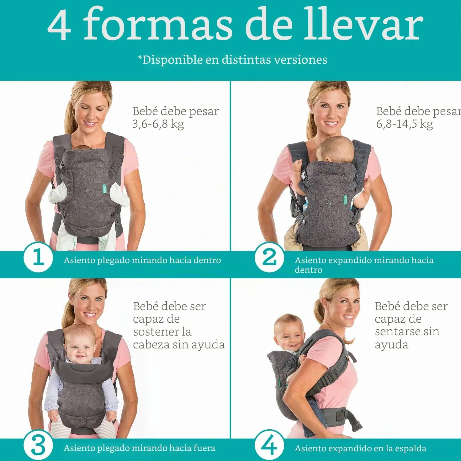 Infantino Mochila Portabebé Flip Advanced 4-en-1 Ergonómica Convertible Gris 3,6-14,5 kg