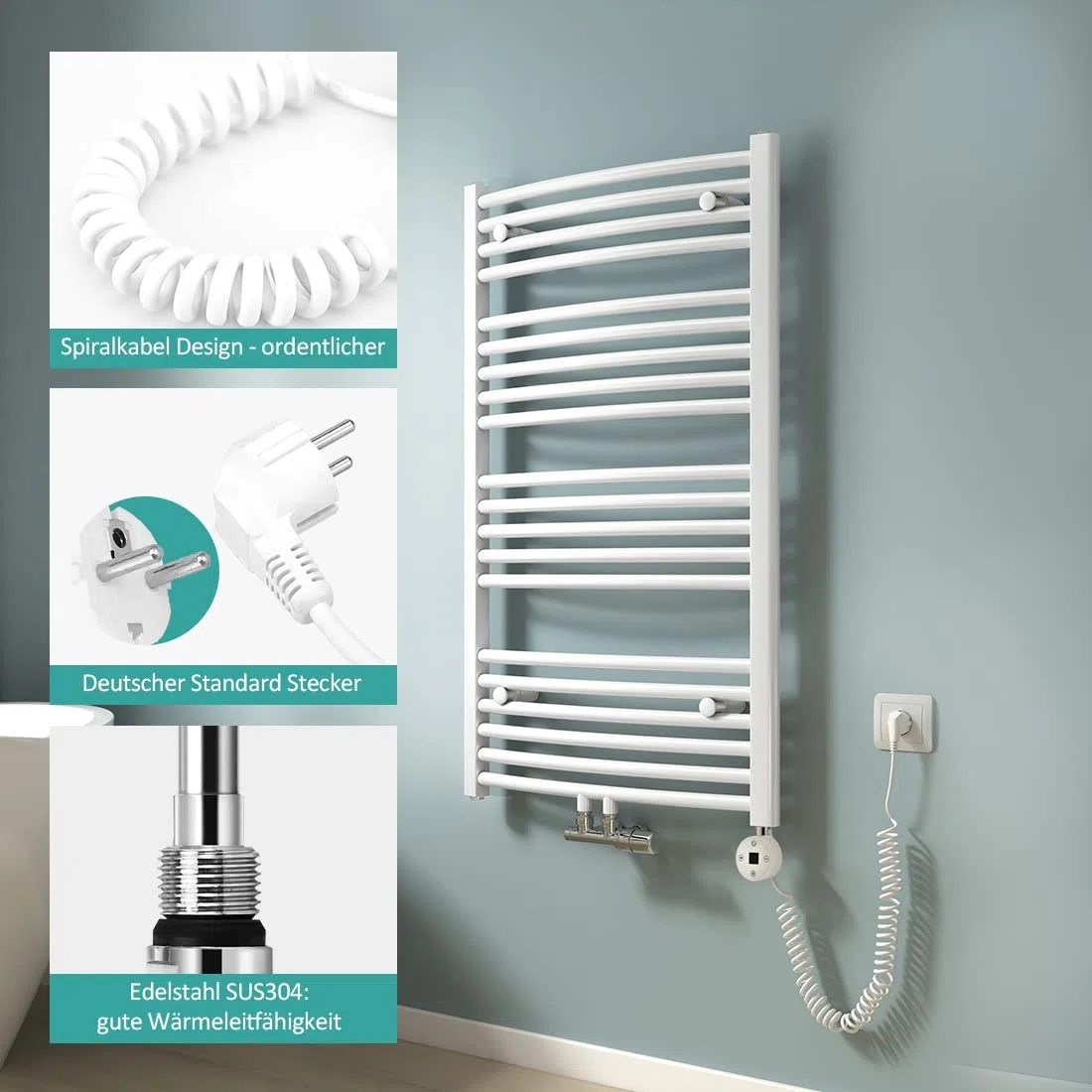 EMKE Varilla calefactora 900 W para radiador de baño, Cartucho de calefacción de Acero Inoxidable para radiador toallero eléctrico, Barra de calefacción con termostato y regulador de Temperatura,
