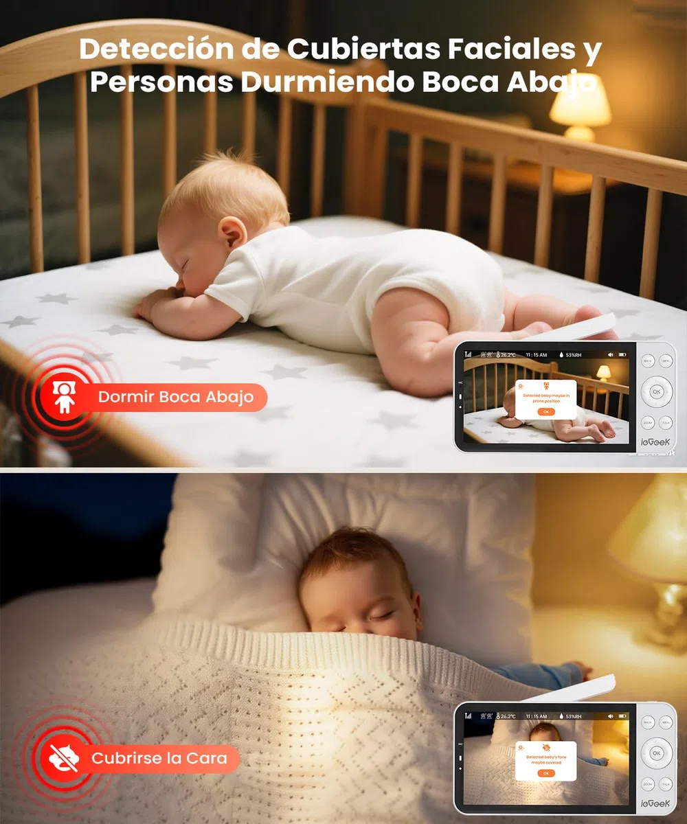 ieGeek 5.5" 2.5K/4MP Camara Vigilancia Bebe WiFi, Alerta de Cara Tapada y Dormir Boca Abajo, Colorida Luz Nocturna, 360° Seguimiento Movimiento Vigilabebes con Camara, VOX, Compatible Echo