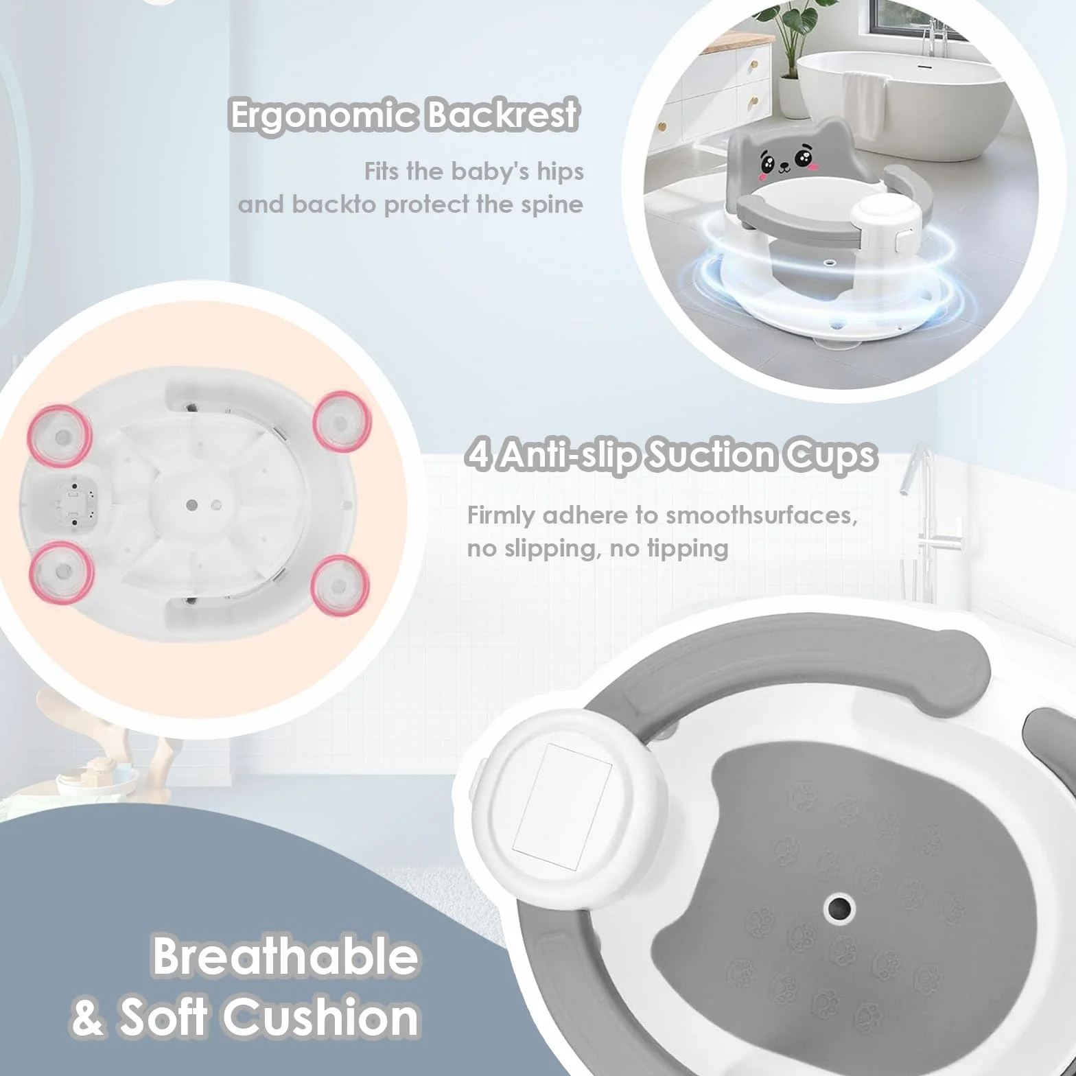 Asiento de Bañera para Bebés con Diseño de Gato, Silla Antideslizante con 4 Ventosas, Asiento Ergonómico y Seguro para Bañera y Ducha