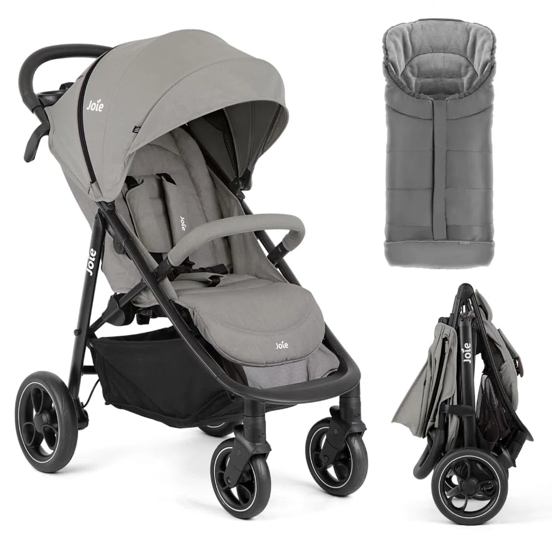 Joie Litetrax Set de Carrito Bebé con Saco Térmico | Silla de Paseo Ligera y Compacta con Suspensión Flex - Plegable con una Mano - Capota UV 50+ - Ruedas Antipinchazos - Pebble