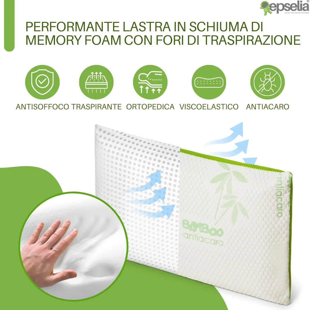 EPSELIA - Cojín para cuna para niños de espuma viscoelástica de bambú ecológico, 60 x 40 x 6 cm, antiasfixia, ergonómico, hipoalergénico y transpirable, tejido Air 3D, cojín para guardería o viaje