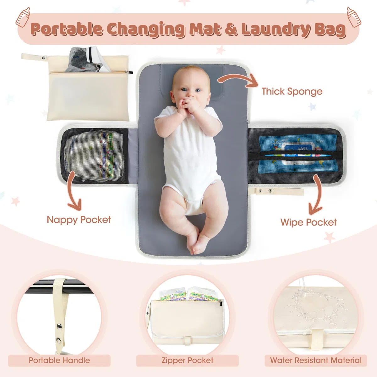 RAINSMORE Mochila Bebe Mochila Carro Bebe Pañaleras para Bebes Multifuncional Mochila Maternidad con Cambiador Bebe Plegable y Correas de Cochecito Beige