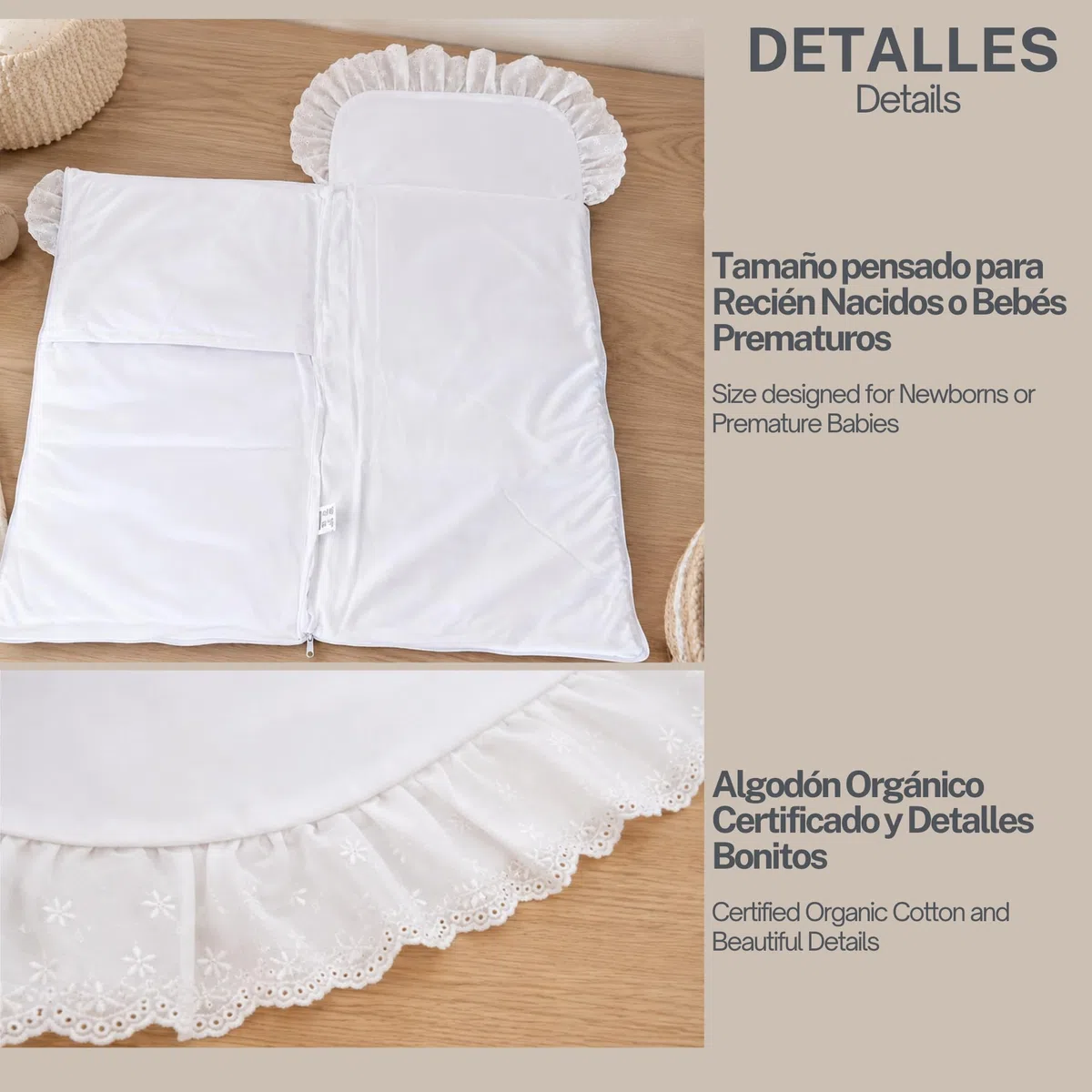 Thermikoa Saco Arrullo Bebé Recién Nacido 72x34 cm – Saco Capazo Universal (Blanco Muselina) - Tamaño Pequeño