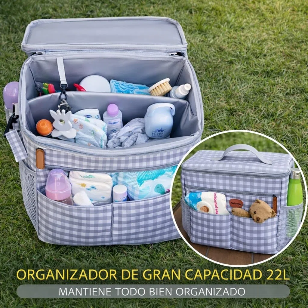 Bolsa Carrito Bebé Grande 22L, Gran Capacidad,Impermeable,Bolso Carro Bebe con Cambiador, Interior Térmico,Ganchos Universales y Accesorios,Organizador con múltiples Bolsillos.
