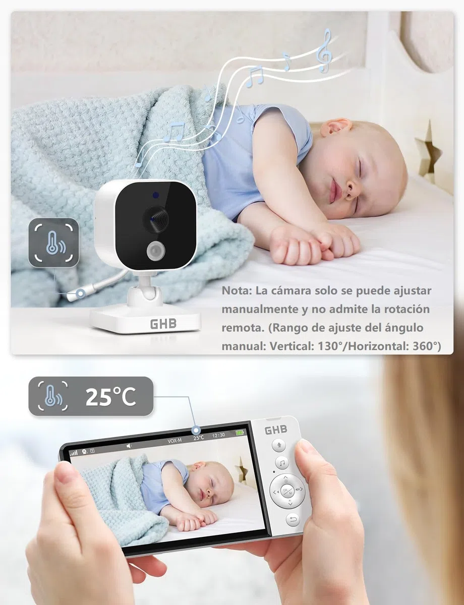 GHB Camara Vigilancia Bebe 5" 720P HD IPS Vigilabebes con Camara con Pantalla de 5000mAh, Visión Nocturna, Comunicación Bidirecciona Escucha Bebes