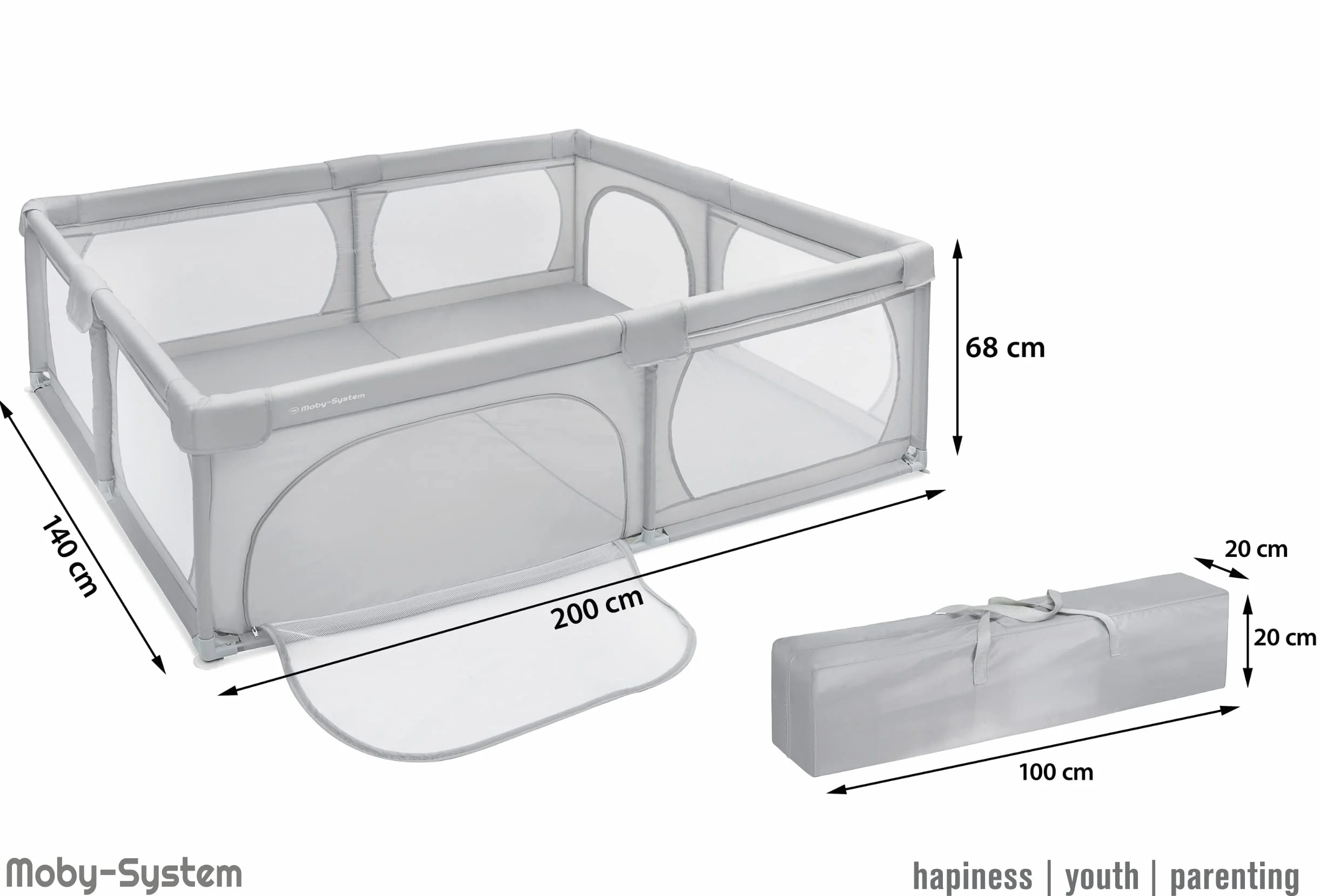 Moby-System Parque Infantil Bebé Plegable - Centro de Actividades con Base Antideslizante 200x140cm - Corralito Impermeable con Ventanas y Cremallera, Incluye Bolsa de Transporte - Gris