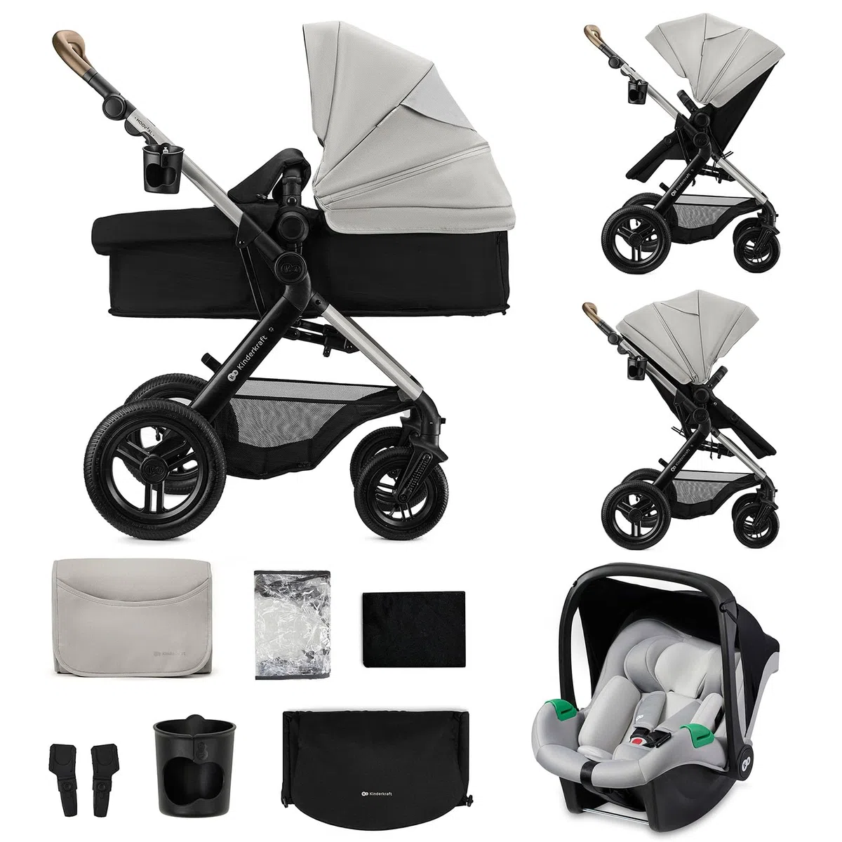 Kinderkraft MOOV XL 3 en 1, Carrito bebé hasta 27 kg, Carro, Con Asiento I-SIZE 40-75 cm, Plegable, Amortiguación, Convertible, Capazo XL, Con accesorios, Gris Claro