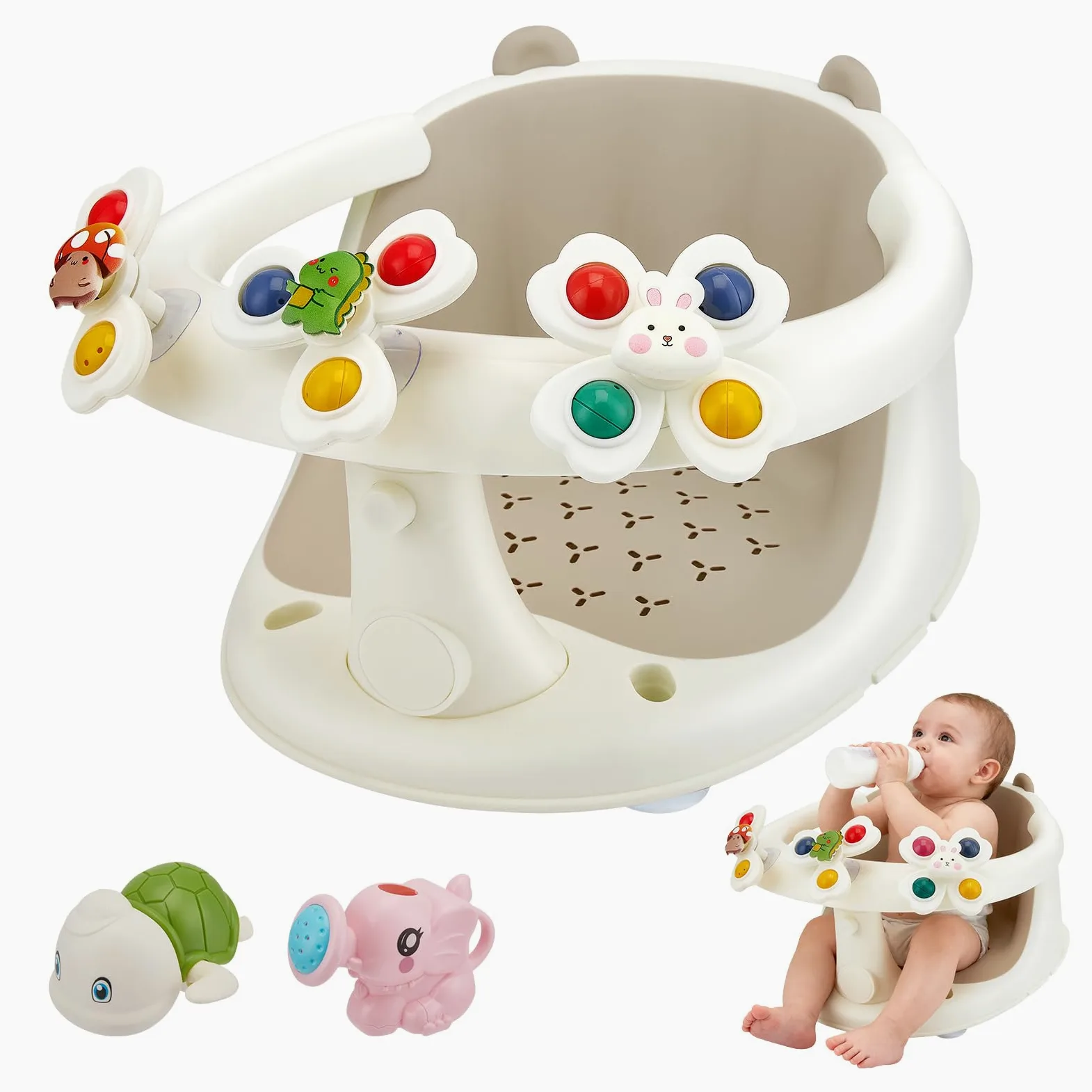 Asiento de baño para bebés a partir de 6 meses, asiento de bañera con 4 ventosas fuertes, respaldo ergonómico