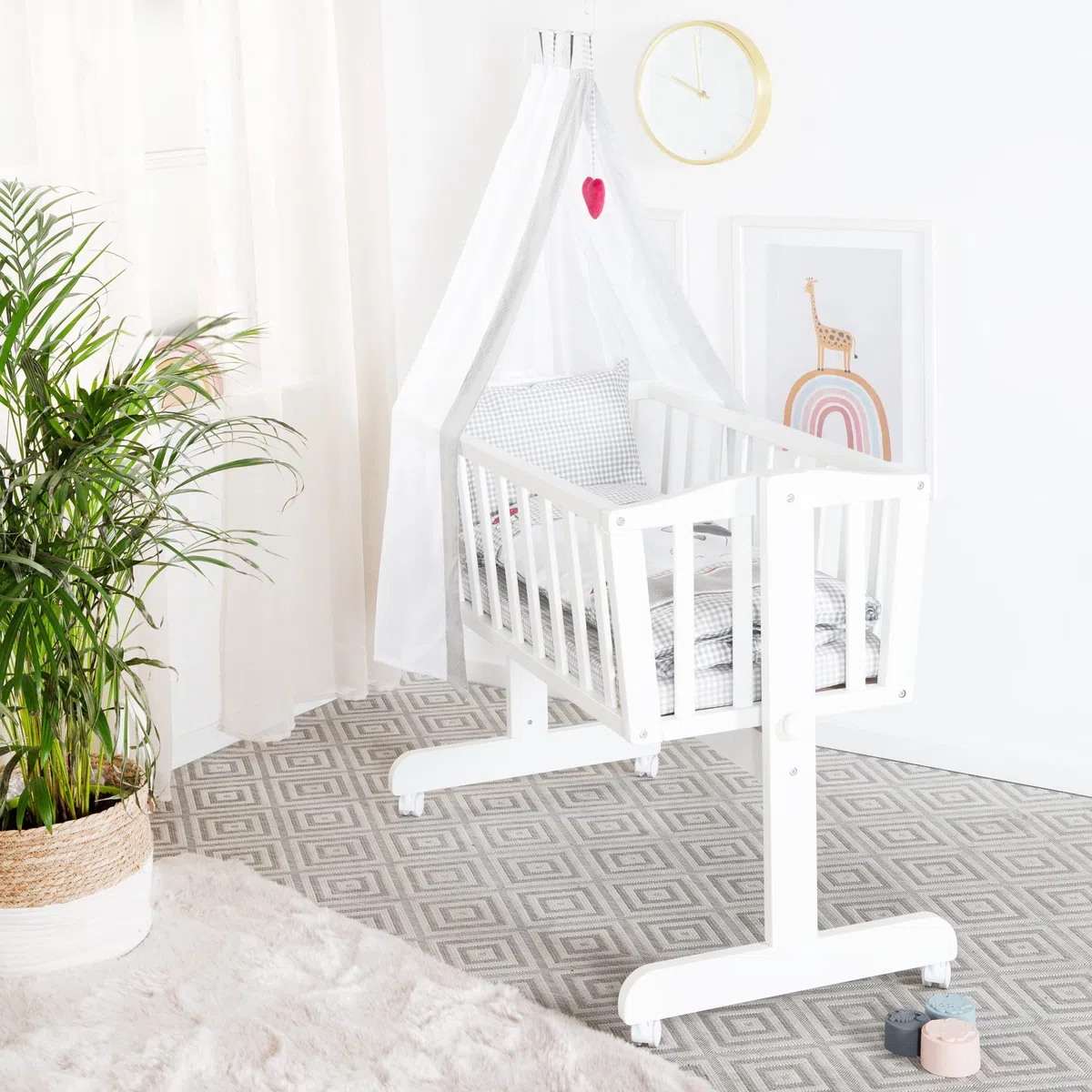 roba Cuna Balancin Bebe 40 x 90 cm Adam y Eule - con Función Basculante y Fija - Equipamiento Textil Incluido - Madera Lacada en Blanco - Diseño de Búhos