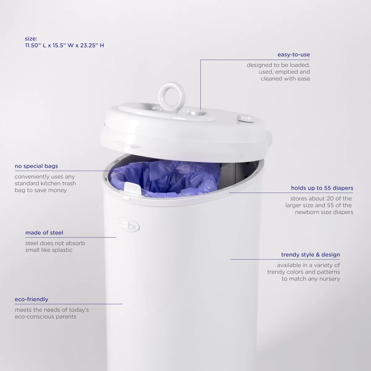 Ubbi Stainless Steel Nappy Pail, Odor Locking, No Special Bag Required, Award-Winning, Registry Must-Have, Oat Milk