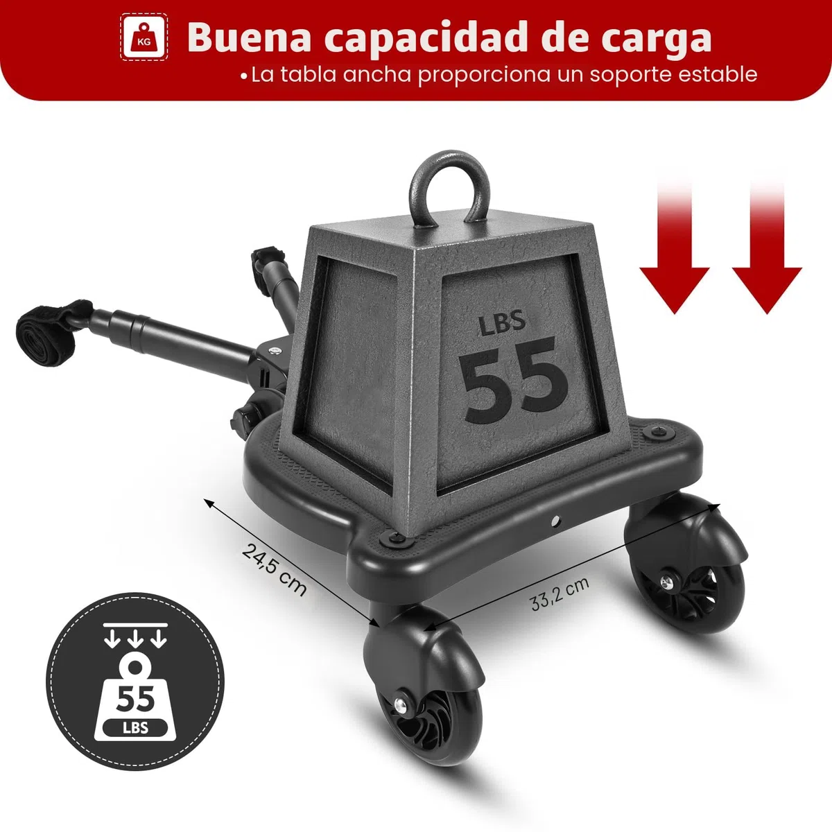 Kiddyboard - Tabla para cochecito de bebé (universal, hasta 25 kg, con asiento para cochecito, tabla de ruedas, tabla de escalones)