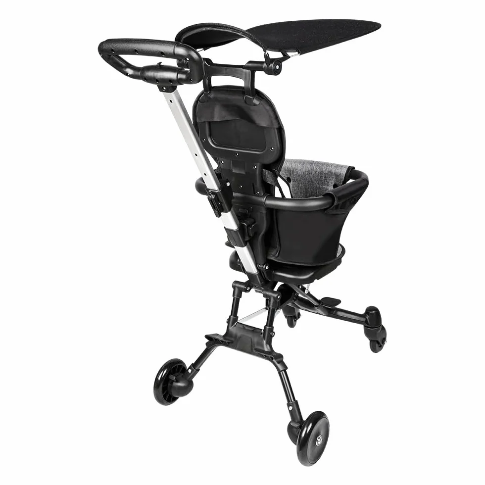 Cochecito compacto – hasta 25 kg, reclinable, plegable con portavasos, revestimiento de lluvia, capucha parasol (UPF 50+), cesta XL-30 x 55 x 86,5 cm, color gris + negro