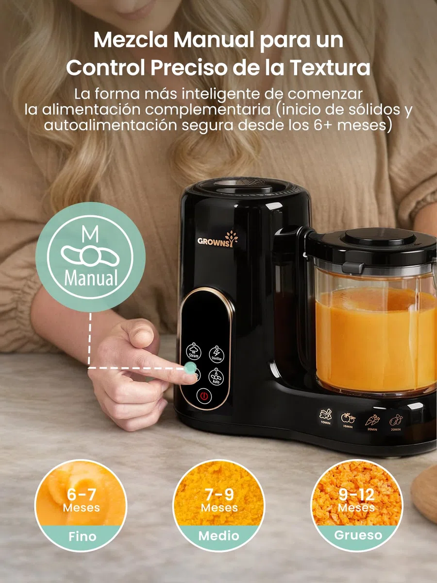 Grownsy Robot de Cocina para Bebé 6 en 1 con Doble Cesta Vapor - Cocina al Vapor, Tritura, Esteriliza, Descongela y Calienta, Comida Casera Saludable, Sin BPA