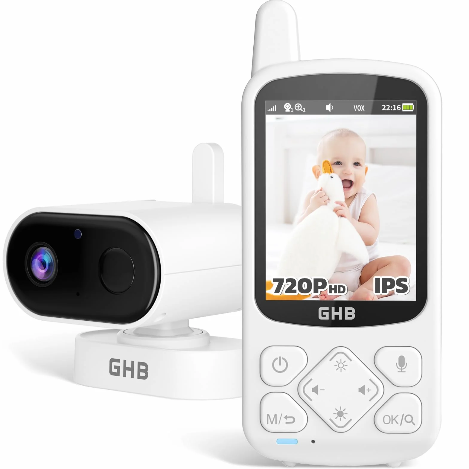 GHB Camara Vigilancia Bebe Vigilabebes con Camara con Pantalla IPS 2.8" 720P Recargable de 2000mAh Visión Nocturna 8 Canciones de Cuna Comunicación Bidireccional VOX Escucha Bebes