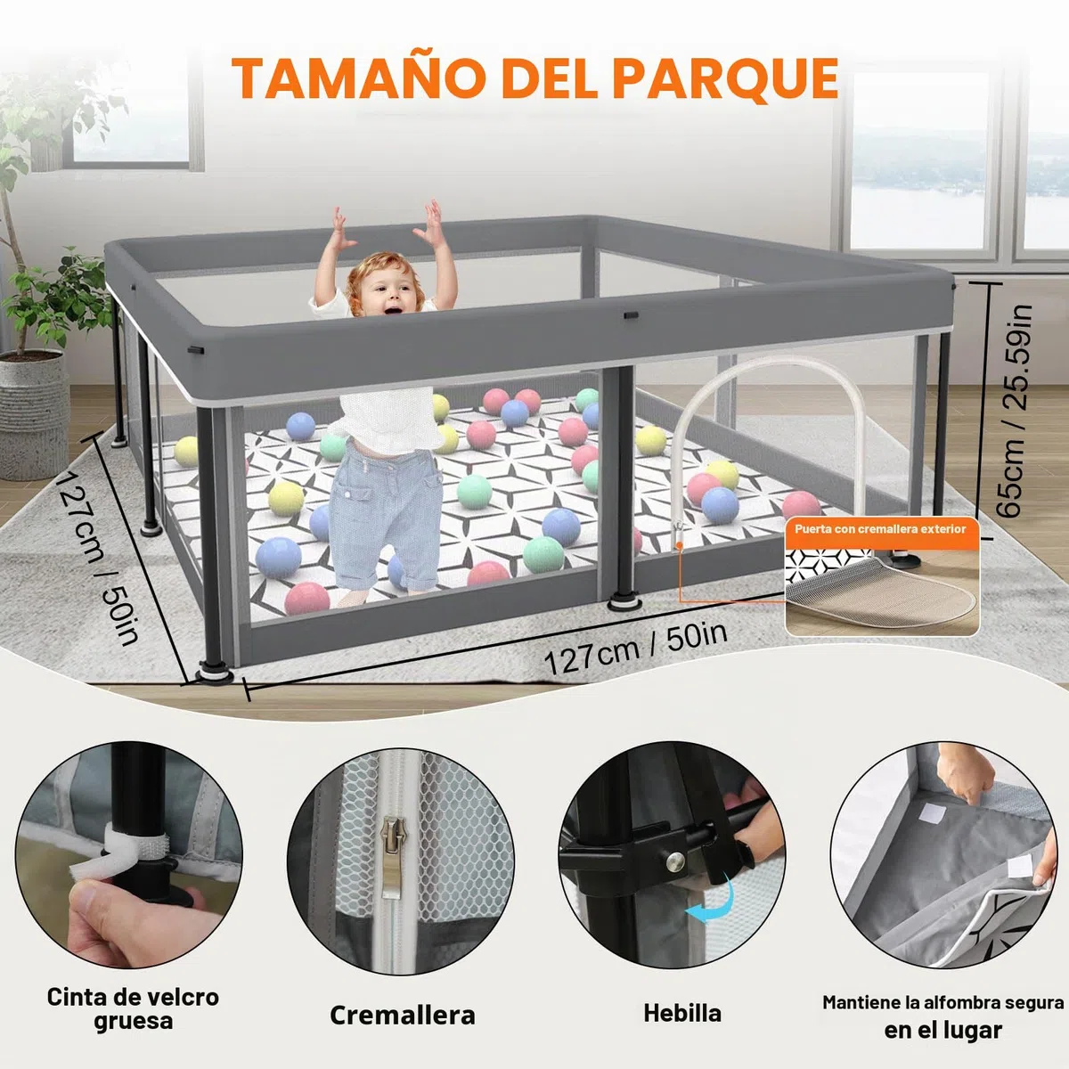 Parque infantil plegable para bebé con alfombrilla - 127x127CM - Parque, montaje rápido, seguro y portátil para interior y exterior (gris)