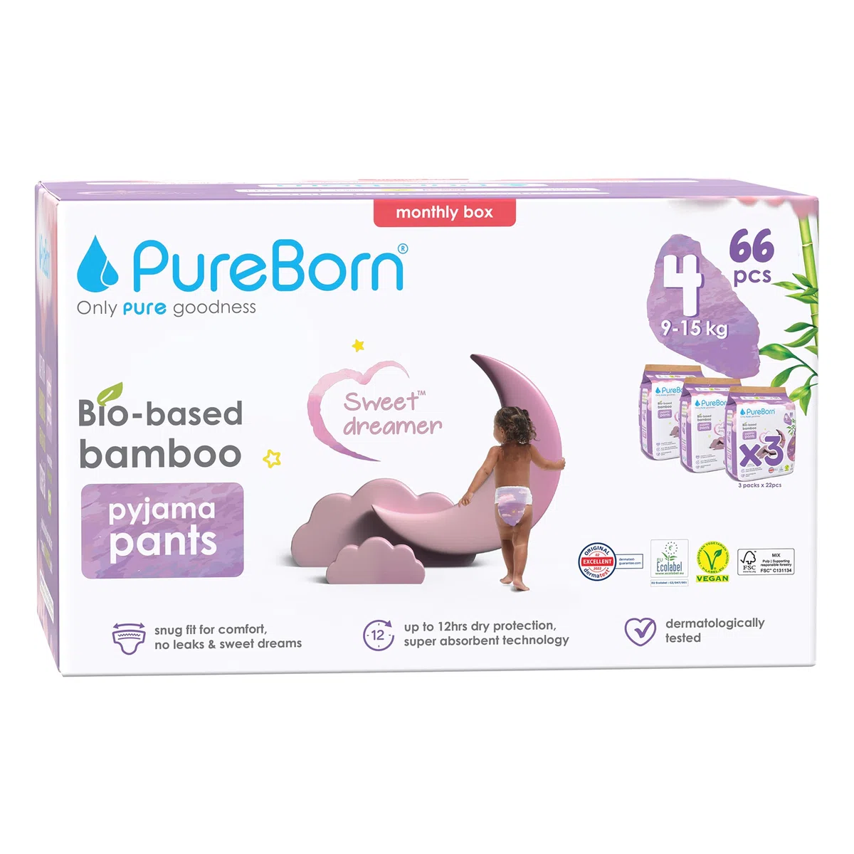 PureBorn Sweet Dreamer Pañales Braguitas de Noche, Talla 4 (9-15 kg), 66 Pañales, Protección Contra Fugas Durante la Noche, Absorción Extra, Confort en Seco, Indicador de Humedad