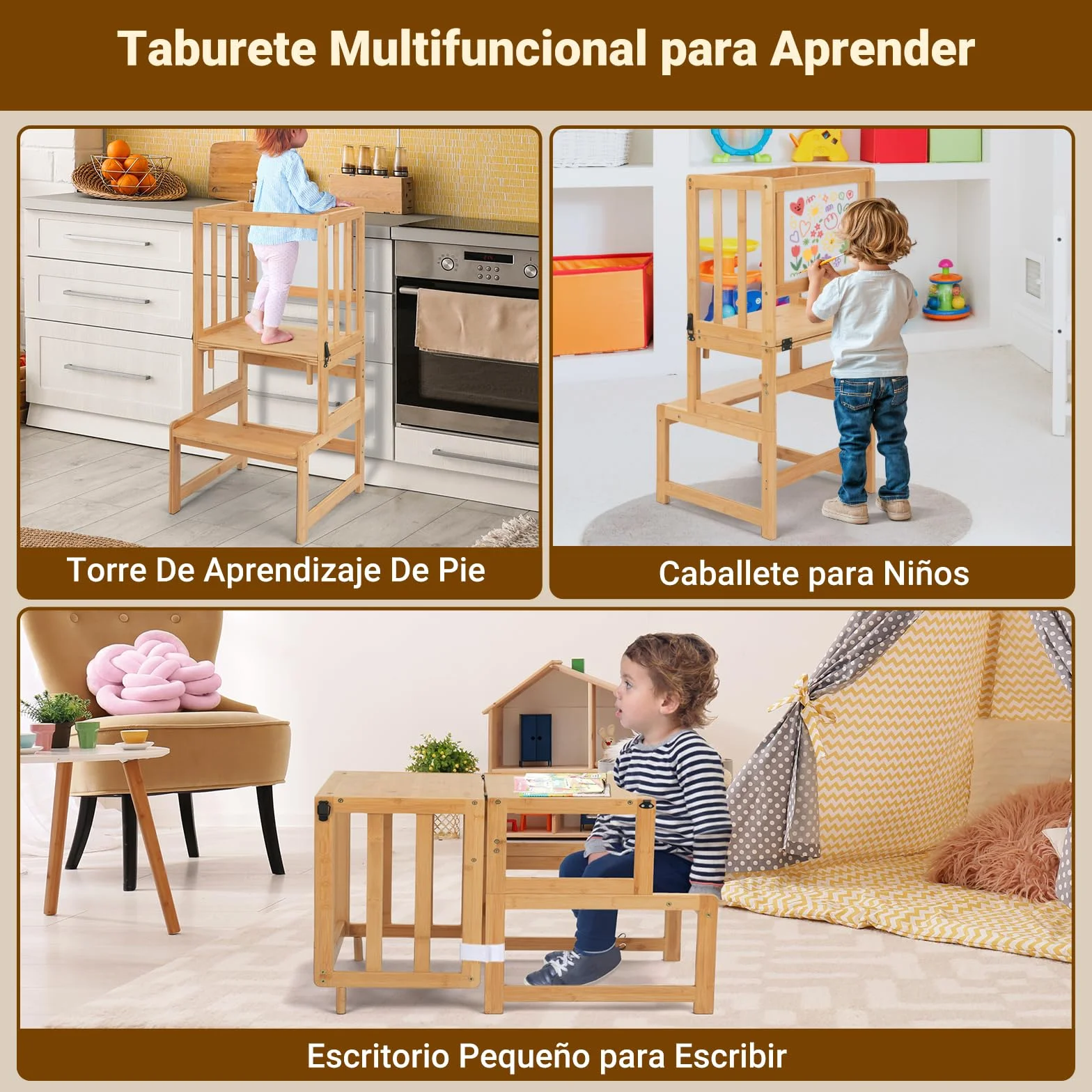 COSYLAND Torre de Aprendizaje 3 en 1 Bambú Convertible Escritorio Infantil Pizarra Dibujar Niños 18 Meses 6 Años Cocina Natural