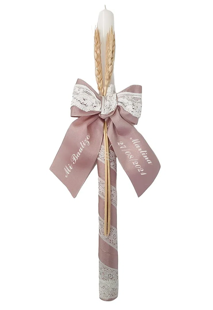 Vela para Bautizo personalizada - Vela Bautismal Personalizable con nombre y fecha – Cirio sacramental decorado - Modelo París – Rosa maquillaje - Nenel