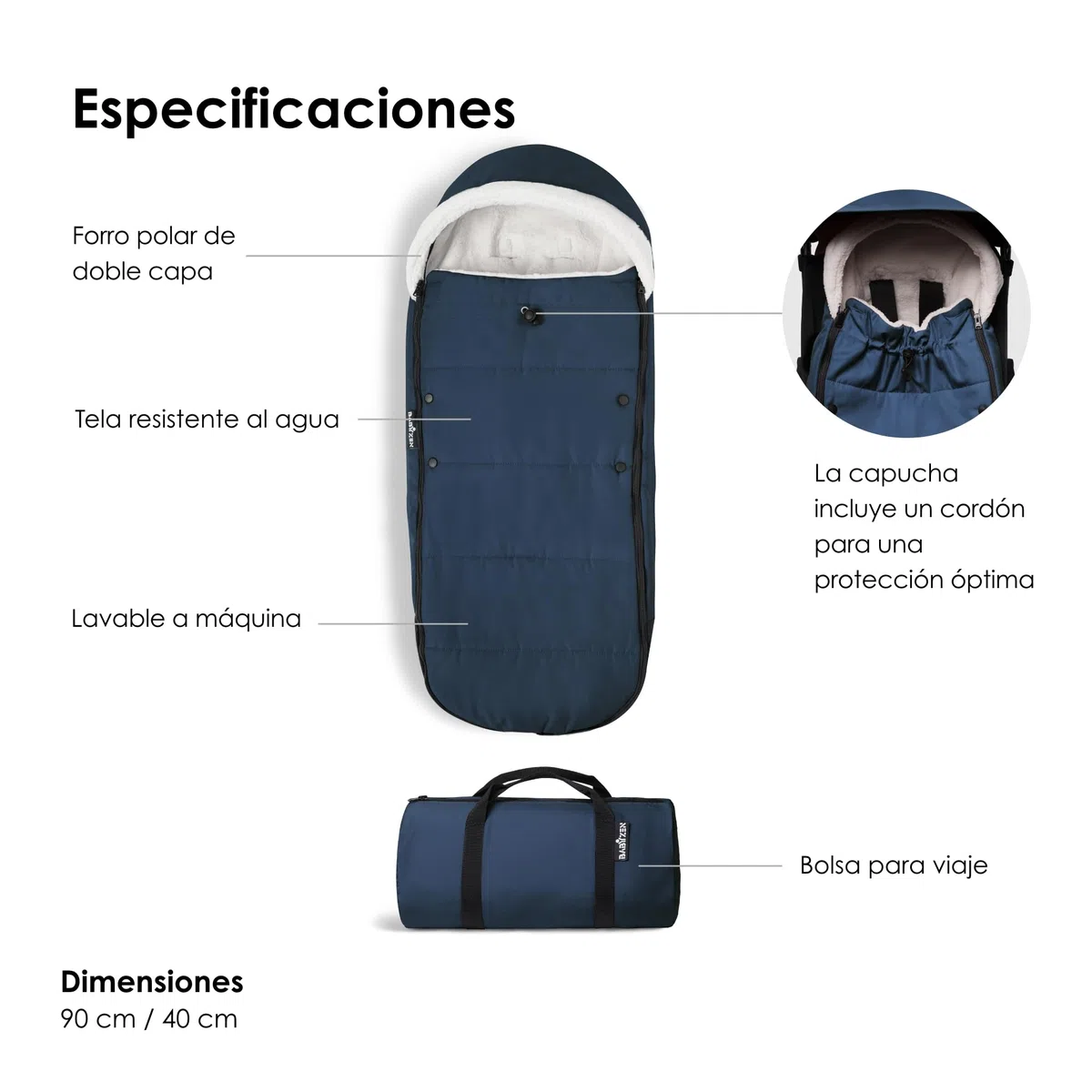 Saco BABYZEN YOYO, Azul Marino - Forro polar y capucha con cordón para mantener caliente al bebé - Incluye bolsa para viaje - Lavable a máquina
