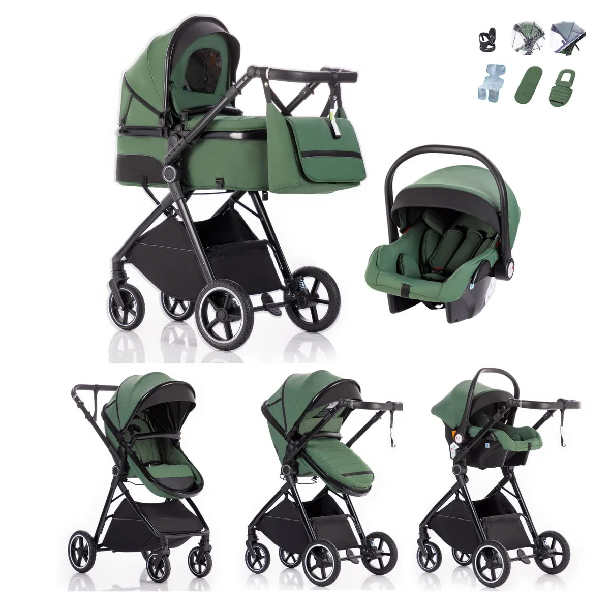Cochecito 3 en 1 con Silla de Coche, Carrito bebé Plegable, Manillar 7 Alturas, Suspensión 4 Ruedas, Funda de Lluvia y Mosquitera, Sistema de Viaje para Recién Nacidos 0-3 Años (15kg)