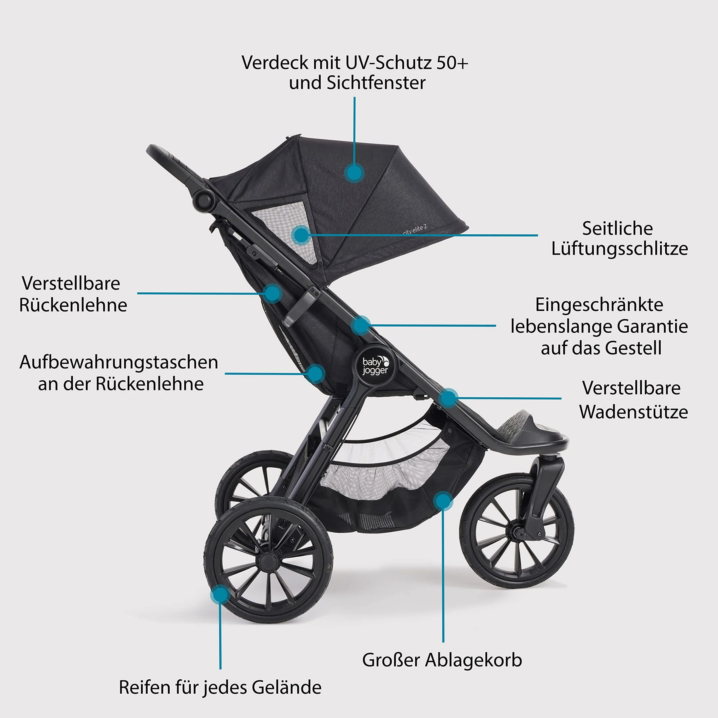 Baby Jogger City Elite 2 - Cochecito de bebé plegable y portátil, color negro