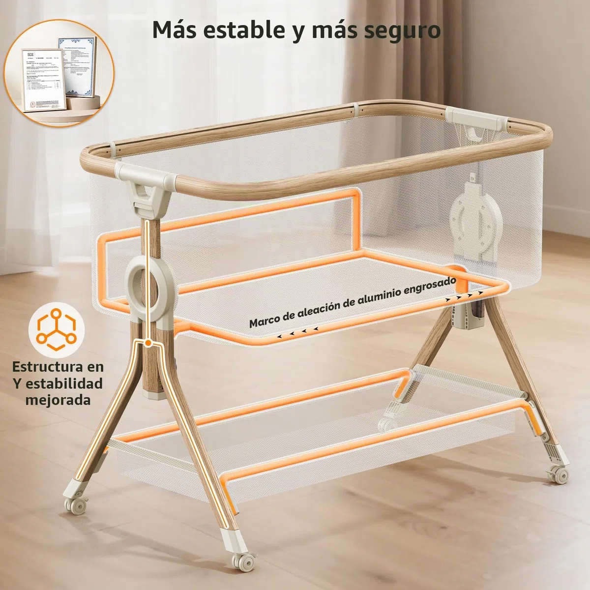 Larex Cuna Colecho para Bebé bassinet para recién nacido y bebé con mosquitera, bolsa y cesta de almacenamiento, 5 alturas ajustables,4 Ruedas con Freno, colchón transpirable y paredes de malla(Caqui)