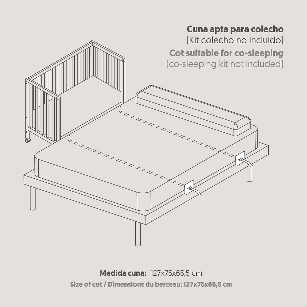 Interbaby Cuna Bebé Colecho Convertible 124x63 cm | Cuna Evolutiva de Madera con Lateral Abatible, Altura Regulable y Ruedas con Freno | Cuna Convertible en Escritorio y Sofá | Blanca Bear Basic