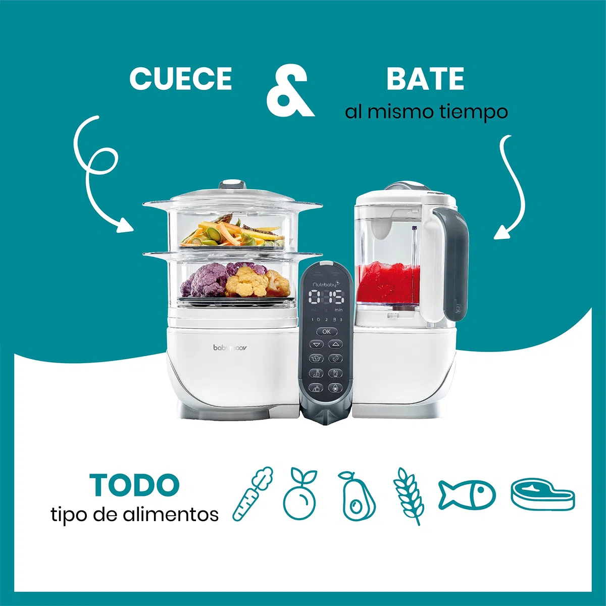 Babymoov Nutribaby(+), Robot Multifunción 6 en 1, Vaporera, Batidora, Gran Capacidad para el Bebé, Óptimo para la Cocina por Lotes, Blanco