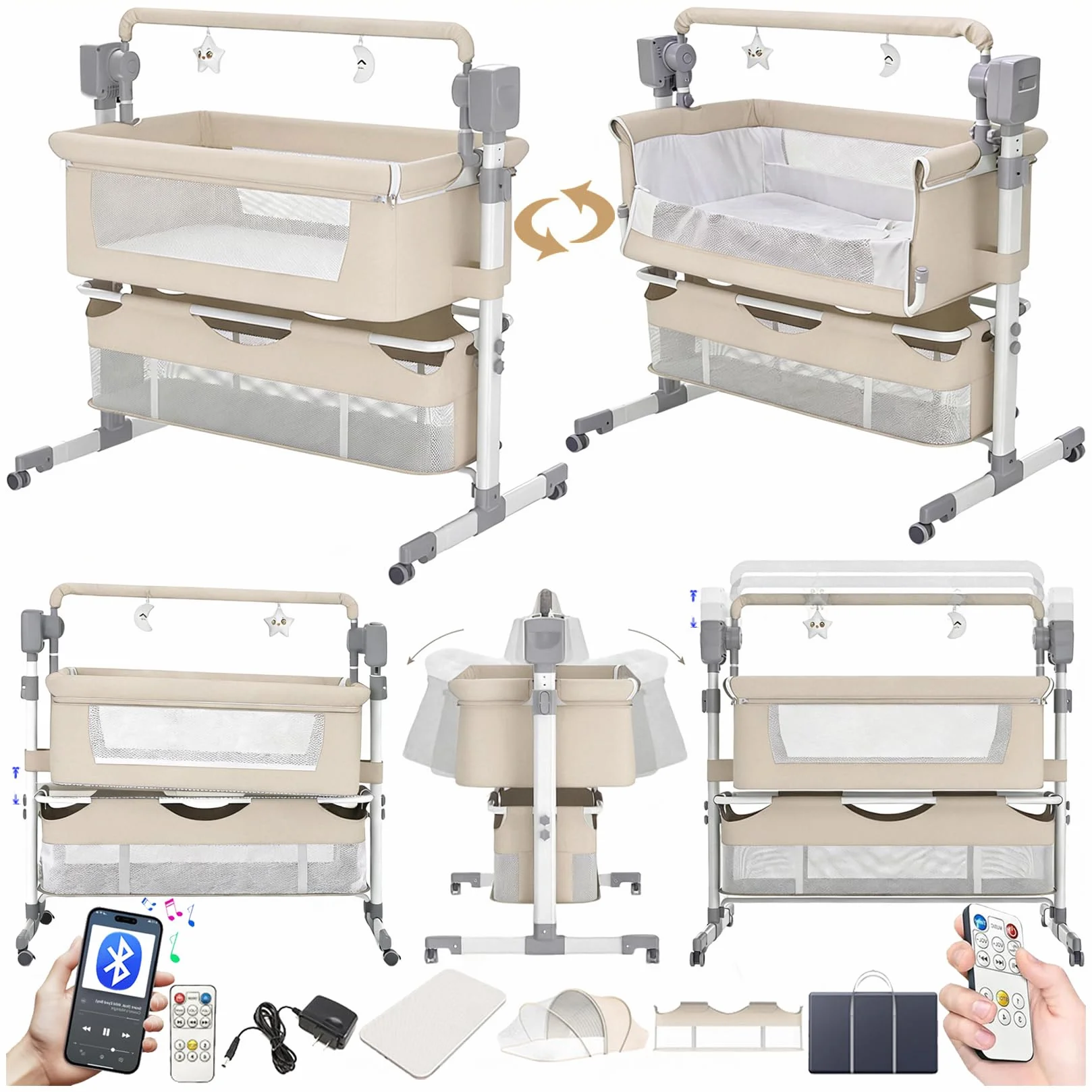 MoLi Eléctrico Bluetooth Inteligente Cuna Colecho Bebe, Cuna Next to me Convertible, Plegable Colecho Bebe con Colchon, Música, 5 Engranajes de Balanceo y Control Remoto (601 Beige)