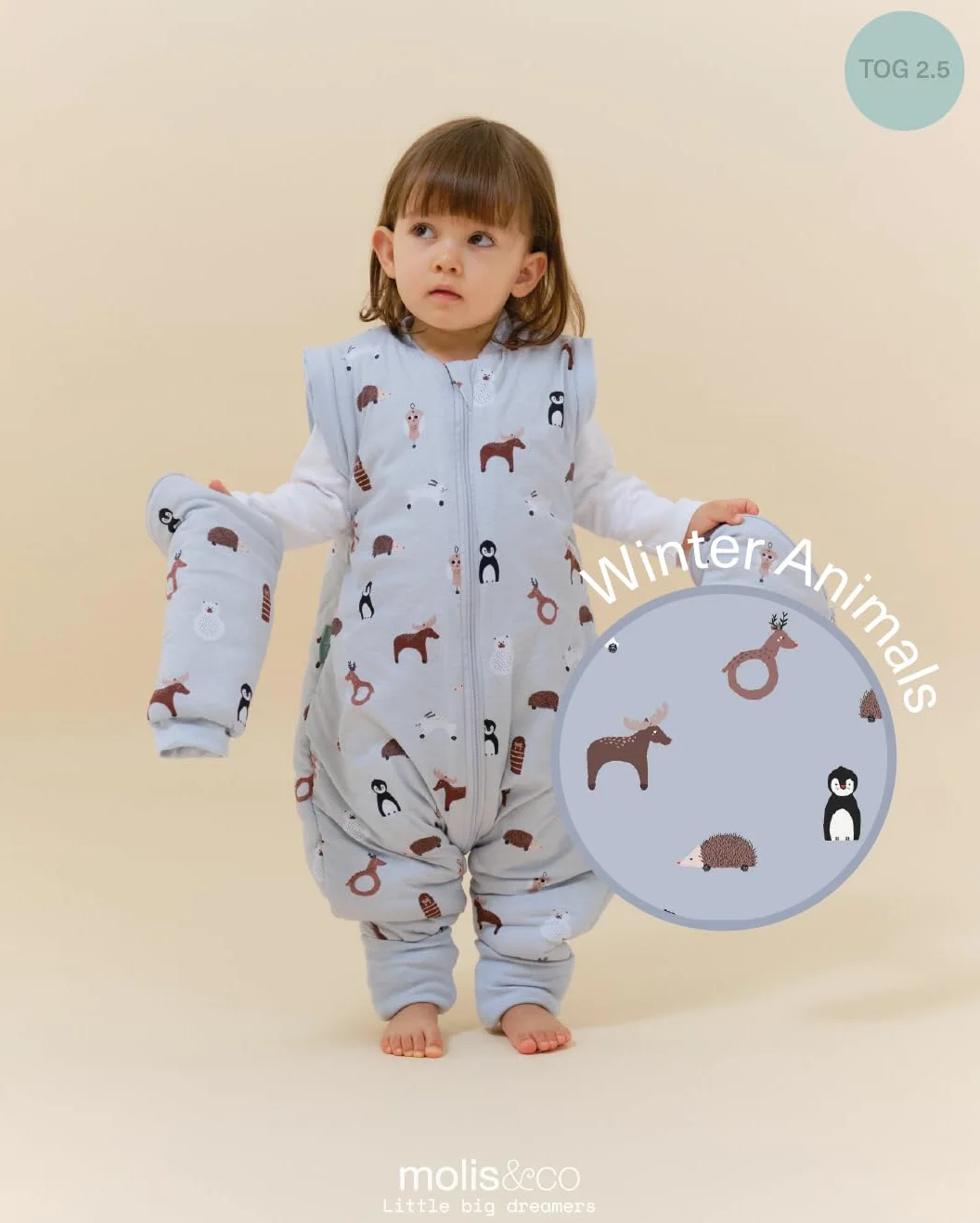 molis&co. Pijama Manta con Mangas Desmontables, Calcetines Antideslizantes, TOG 2.5 Estampado Winter Animals, Algodón 100%, Oeko-Tex 100 Certificado, 3 años