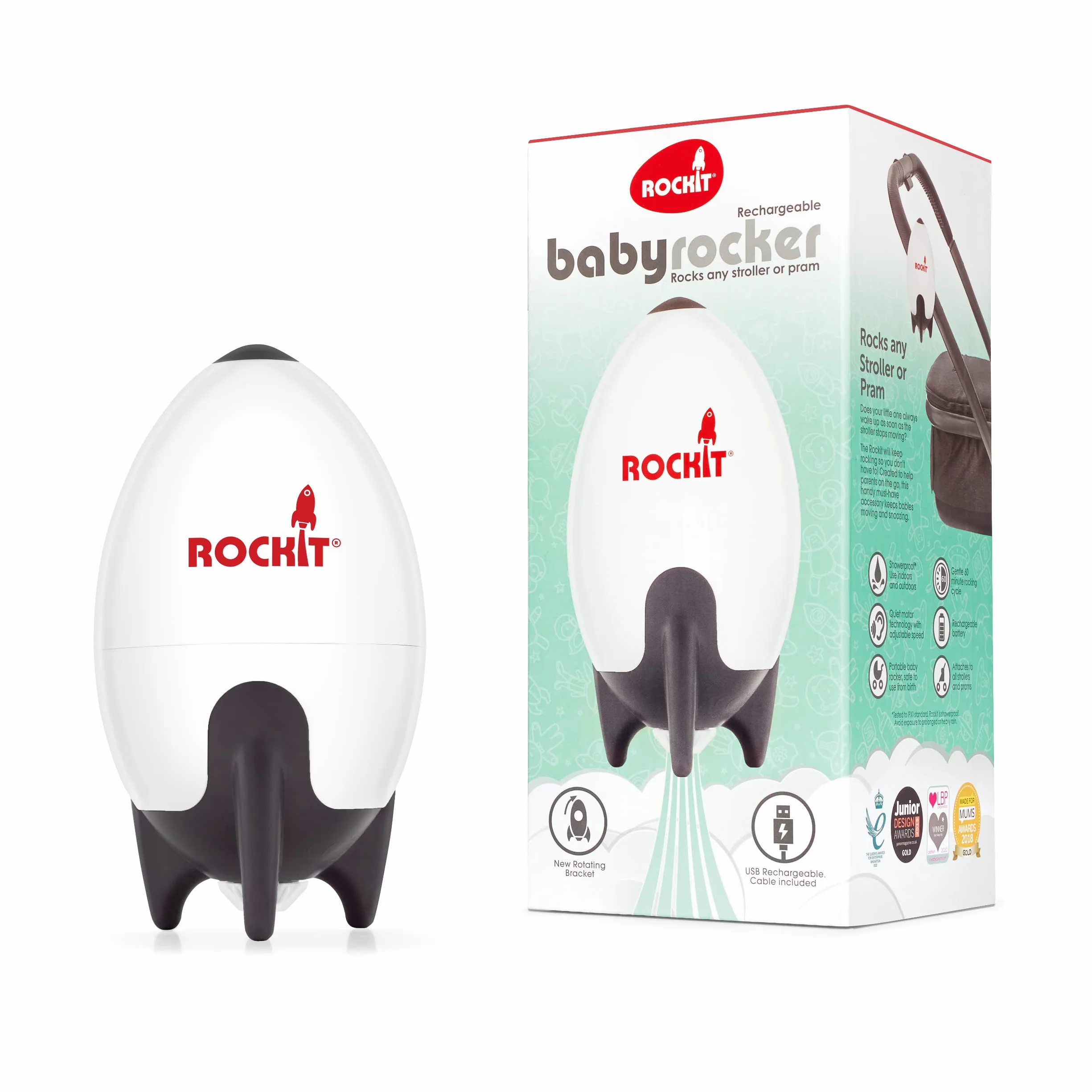 Rockit Rocker recargable – Ayuda para dormir para bebés balancea suavemente cualquier cochecito o cochecito, velocidad ajustable – Se adapta a todos los cochecitos y cochecitos para crear un bebé