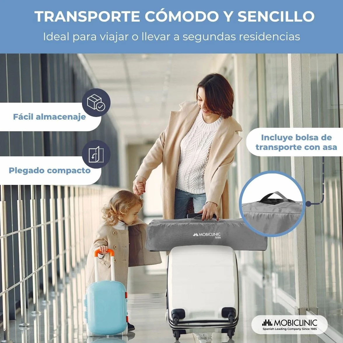 Mobiclinic Cuna de Viaje Bolsa Transporte 2 en 1 Plegado ultracompacto Colchón extraíble hasta 15kg Tela Transpirable Entrada Lateral con Cremallera Parque bebé Ruedas Gris