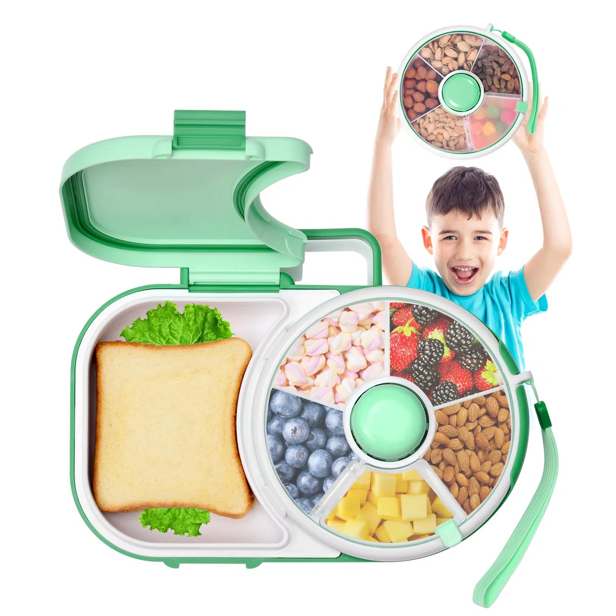 Caja de aperitivos con compartimentos para niños, juego de snack spinner, tapa de sello portátil, plato de aperitivos, fiambrera multifuncional para bebé, fiambrera escolar