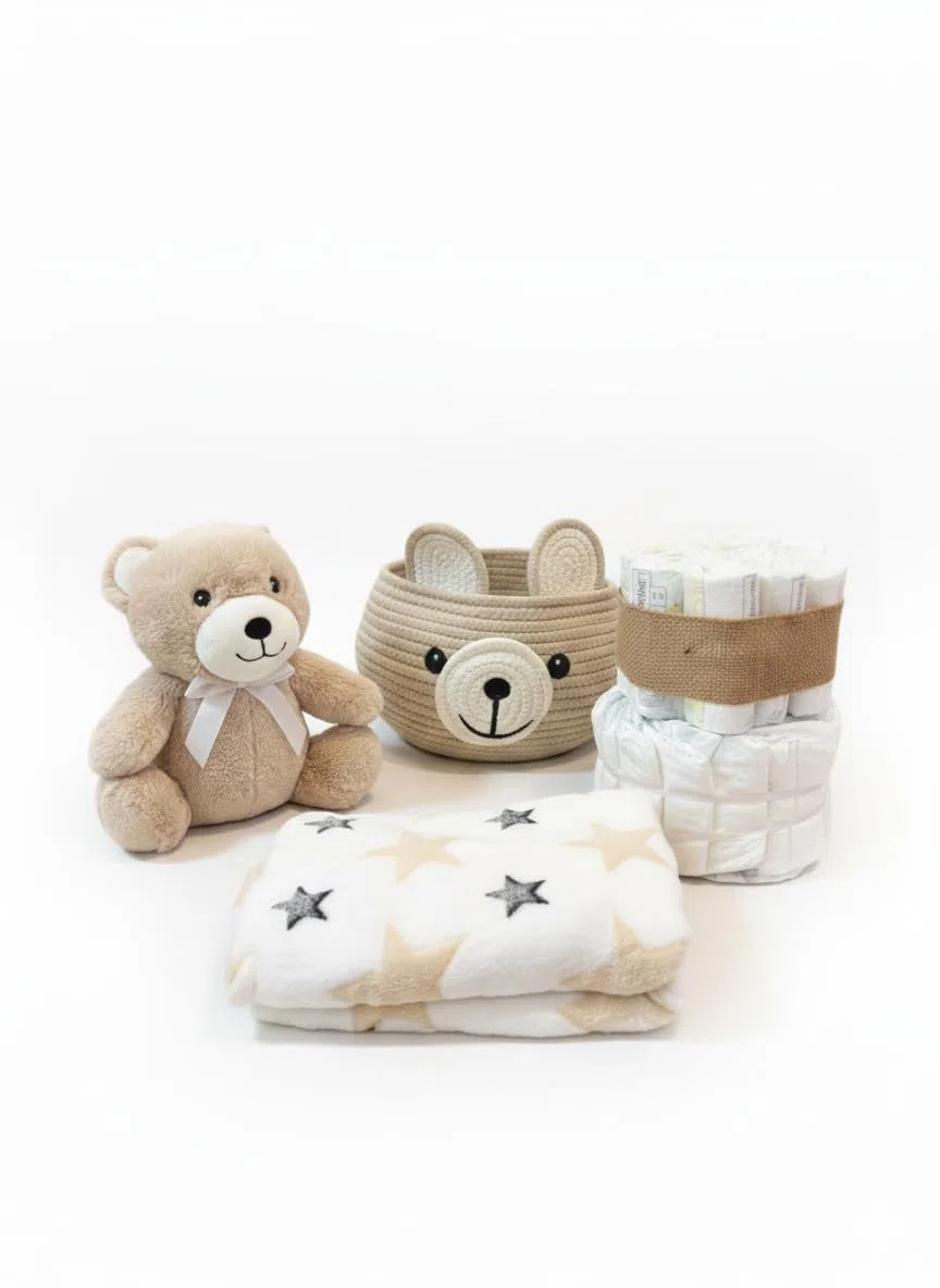 Tarta Pañales para Bebé Recien Nacido con Cesta Regalo con Peluche Oso Marrón y Manta con Dedicatoria Canastilla Bebe Original Sensitive Unisex Detalle Nacimiento Baby (2 Pisos 25 Pañales Talla 2)
