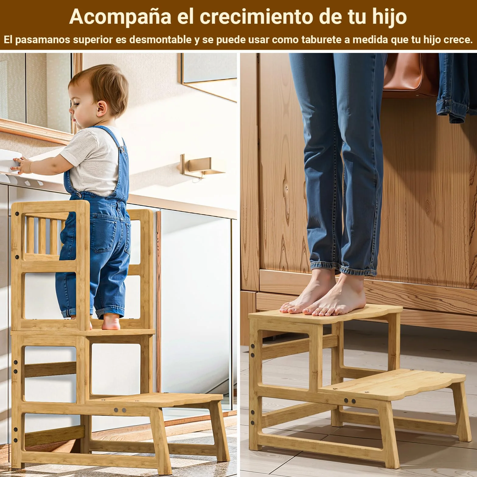 COSYLAND Taburete de Niños 2 Peldaños Asas Escalón Infantil 18 Meses Natural