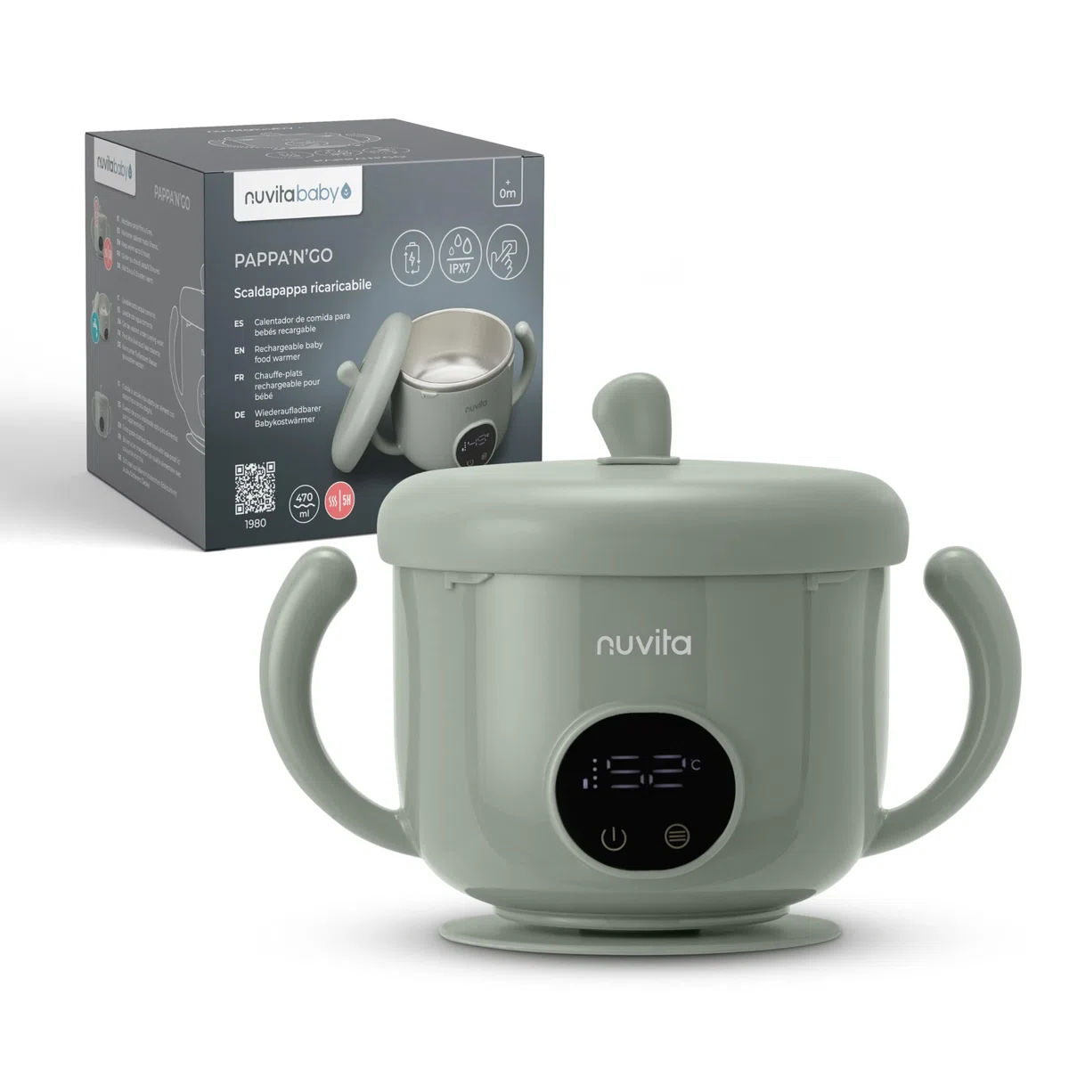Nuvita 1980 Pappa'n'Go - Calentador portátil de alimentos para bebé, recargable, resistente al agua, con control inteligente de temperatura, interior de acero inoxidable y base antideslizante